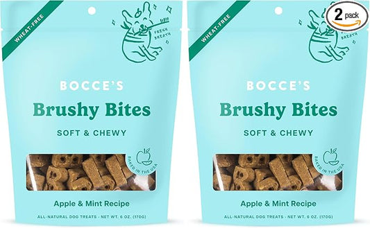 Bocce's Bakery Dailies Brushy Bites Dog Treats for Wellness Support,Wheat-Free Dog Treats,Made with Real Ingredients,Baked in The USA,All-Natural Soft & Chewy,Apple & Mint Recipe,6 oz,(Pack of 2)