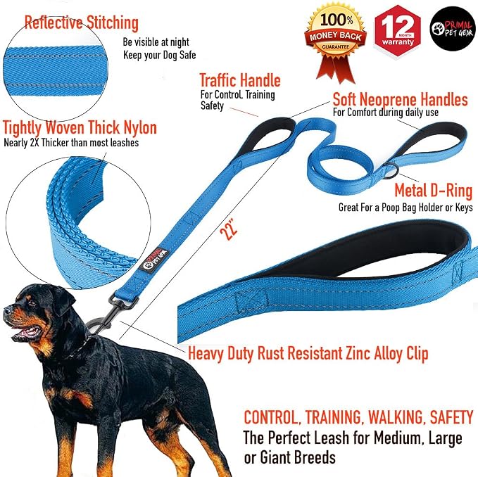 Primal Pet Gear Dog Leash 8ft Long - Blue - Traffic Padded Two Handle - Heavy Duty - Double Handles Lead for Control Safety Training - Leashes for Large Dogs or Medium Dogs - Dual Handles Leads