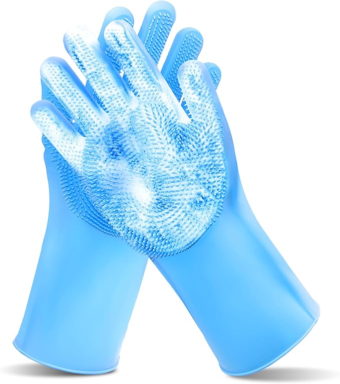 Pet Grooming Gloves—Dog Washing Gloves with High-Density Teeth, Dog Bath Scrubber with Enhanced Five Finger Design, Silicone Gloves for Dogs and Cats Bathing, Massage (Blue)