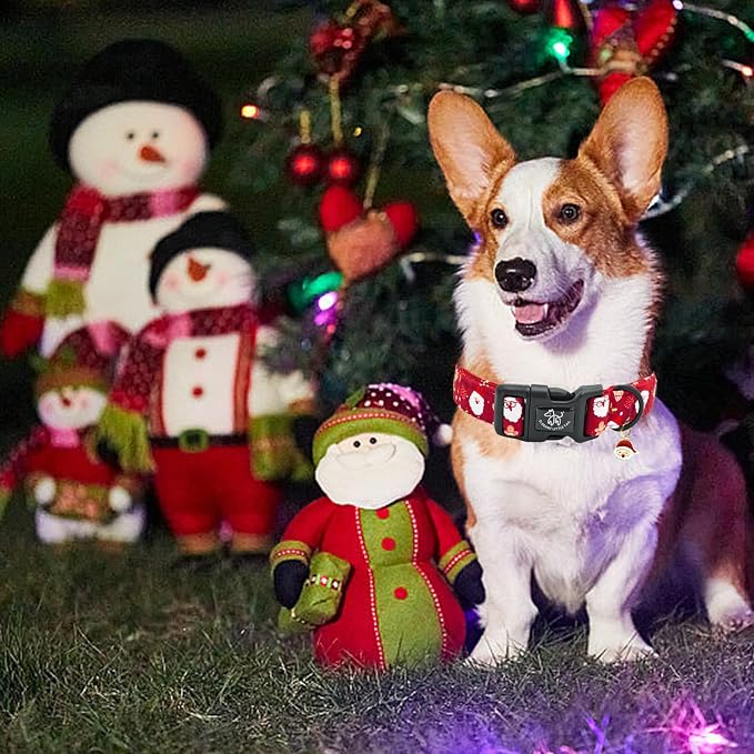 Elegant little tail Christmas Dog Collar, Santa Claus Print Pet Collar Cotton Soft Plastic Buckle Sturdy Puppy Collars Holiday Female or Male Adjustable Collar for Large Dogs