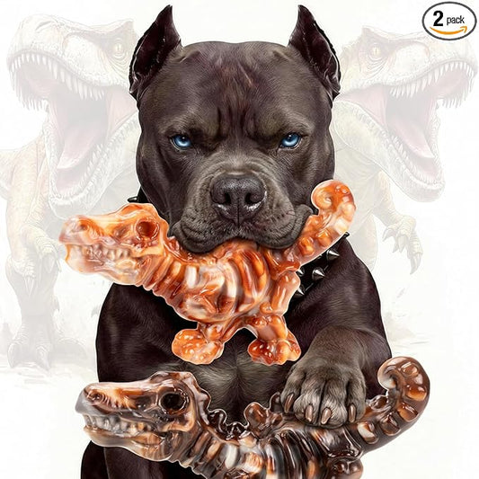 DinoBone Dog Chew Toys for Aggressive Chewers, 2 Pack Tough Nylon Dinosaur Bones for Large Dogs 20–90 lbs, Long Lasting Chewing Outlet, Helps Redirect Destructive Chewing, Bacon Flavor