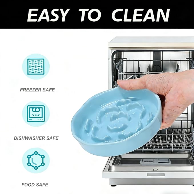 Pet Feeding Bowls, Ceramic Slow Feeder Dog Bowl - Heavy Weighted Blue Bloom Food Dish for Small to Medium Dogs - Non-Slip, Microwave & Dishwasher Safe Pottery Maze to Fast Eating