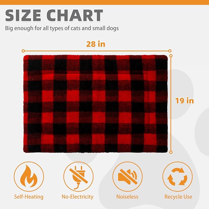 KOOLTAIL Self Warming Cat Bed, Christmas Plaid Pet Heated Pad for Indoor Outdoor Cats, Soft Thermal Double Used Warm Dog Mat, Washable Kitten Puppy House Blanket for Floor, Window Perch, Desk, Red