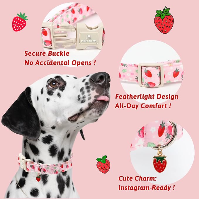 Maca Bates Spring Pink Basic Dog Collar with Cute Strawberry Charm for Extra Large Girl Boy Dogs, Strawberries Pattern,Pretty Gift Adjustable Durable Soft Collars for Male Female Puppy