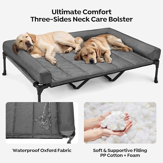 Veehoo Cooling Elevated Dog Bed Add Removable Waterproof Bolster Cushion Mat, Raised Pet Cot with Breathable Teslin Mesh, No-Slip Feet, Dog Sofa Bed for Indoor Outdoor, XXLarge, Black Silver