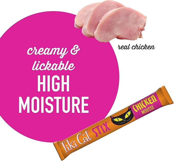 Tiki Cat Stix Mousse Treats, Single Serve Indulgent Lickable Treat or Dry Food Topper, with Chicken in Creamy Gravy, 0.5 oz. Servings (Pack of 40)