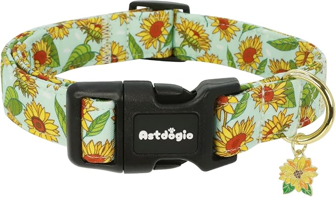 Dog Collar for Extra Small Dogs, Spring &Summer Theme Dog Collars with Sunflower Pattern, Adjustable Green Small Dog Collars, Cute Girl or Boy Dog Collar Ideal for Gifts,Pet Accessory,S