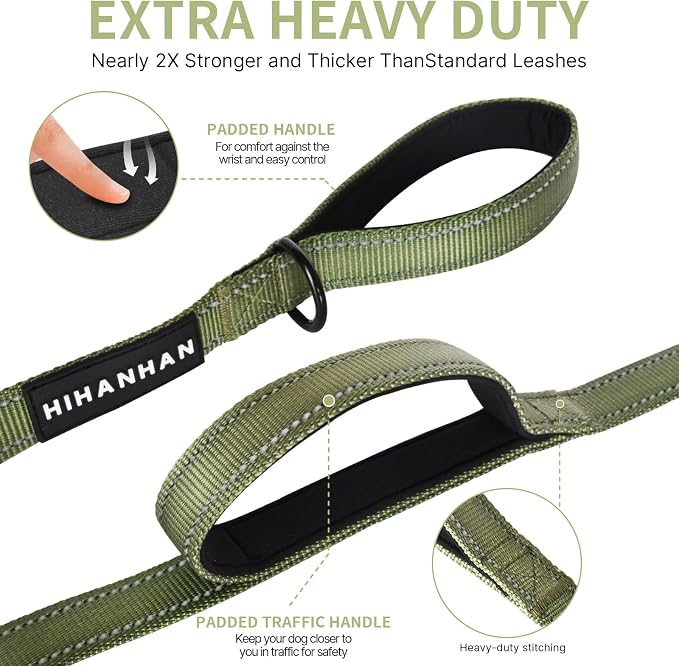 Reflective Dog Leash with Double Handle, Dog Leash 4 FT Long, Supports Medium and Large Dogs, Heavy Duty for Walking, Running, and Training, Green