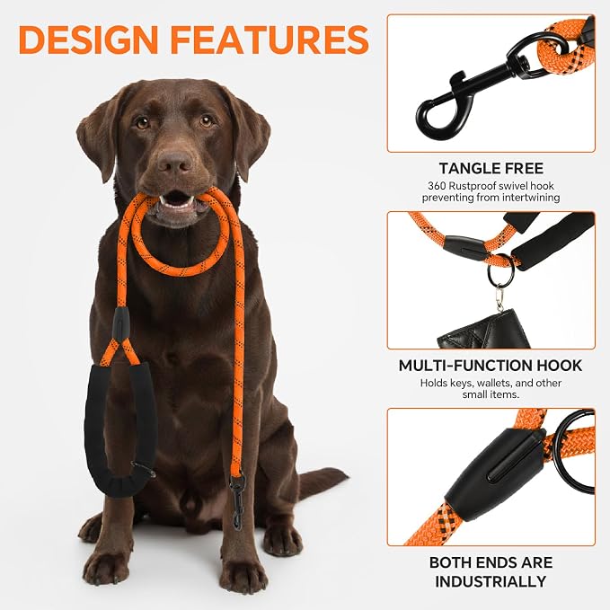 Heavy Duty Dog Leash - 4.9 FT for Large and Small Dogs - Strong Nylon, Comfortable Handle, Reflective Stitching - Ideal for Walking, Training, and Outdoor Activities, Orange