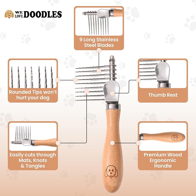 Dog Dematting Brush & Rake, Detangler Brush for Dogs, Comb Tool for Grooming, Best for Doodles, Poodles, Goldendoodles, Cats & Other Pets, Matted Fur Removal On Undercoat [We Love Doodles]