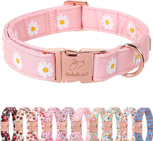 Spring Dog Collar, Cute Pink Daisy Femal Pet Collar with Metal Buckle, Durable Adjustable Designer Dog Collars for Small Medium Large Dogs XS