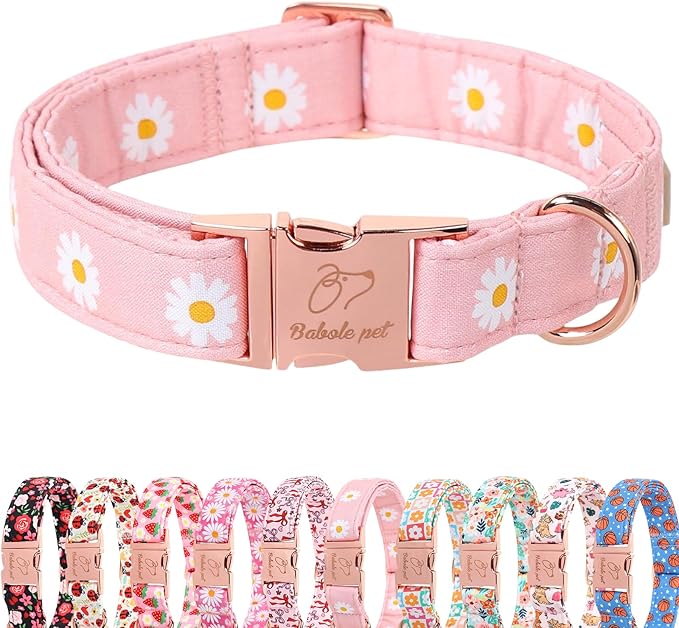 Spring Dog Collar, Cute Pink Daisy Femal Pet Collar with Metal Buckle, Durable Adjustable Designer Dog Collars for Small Medium Large Dogs XL