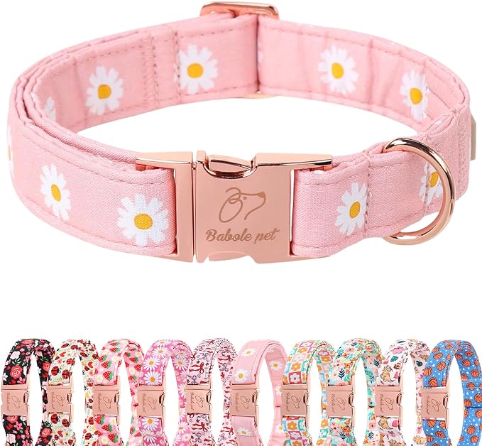 Spring Dog Collar, Cute Pink Daisy Femal Pet Collar with Metal Buckle, Durable Adjustable Designer Dog Collars for Small Medium Large Dogs L