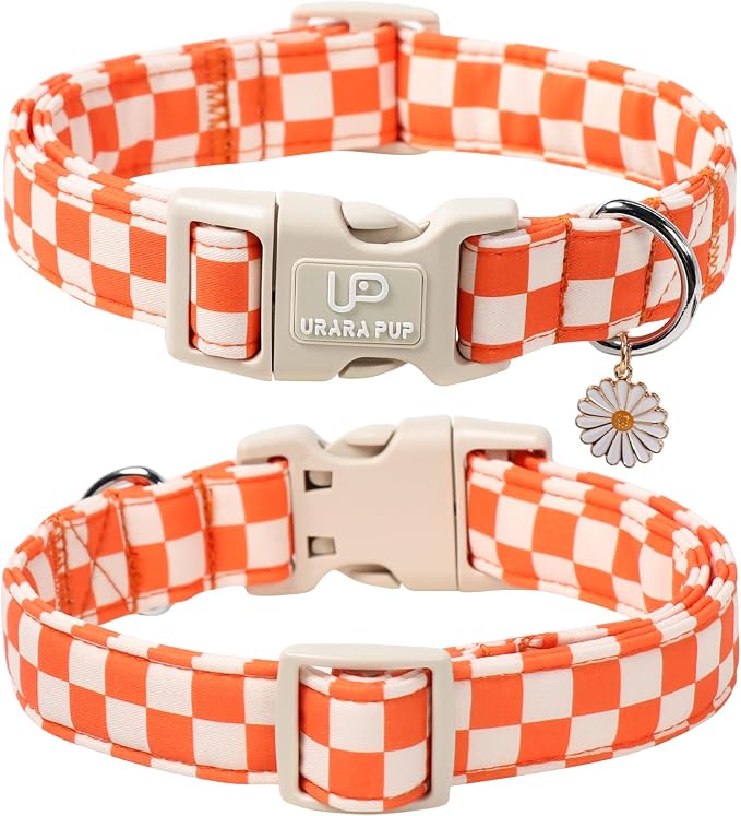 Gingham Fall Dog Collar – Adjustable Orange Picnic Checkered Dog Collar with Daisy Pendant, Classic Autumn Dogs Collars for Girl Boy Dogs