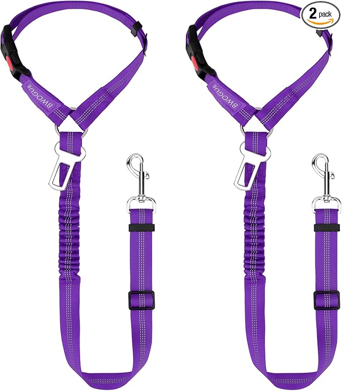 BWOGUE 2 Piece Dog Seat Belt for Car with Elastic Bungee Buffer Safety Seatbelt Car Headrest Restraint Wear Adjustable Metal Buckle Harness in Vehicle Travel for Pet