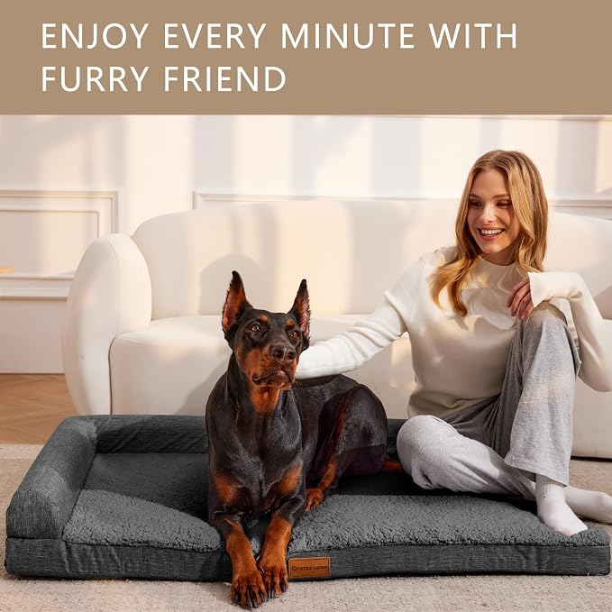 Patas Lague Orthopedic XL Dog Bed Large Sized Dog 42''X28'', Waterproof L Bolster Big Large Pet Sofa Beds with Removable Washable Cover, Soft Pet Couch Crate Mat with Nonskid Bottom, Dark Grey