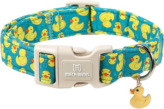 Maca Bates Cute Dog Collar with Rubber Duck Charm for Extra Small Girl Boy Dogs, Green Yellow Ducks Pattern,Adjustable Durable Soft Collars for Male Female Puppy
