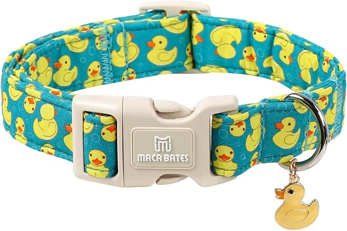 Maca Bates Cute Dog Collar with Rubber Duck Charm for Large Girl Boy Dogs, Green Yellow Ducks Pattern,Adjustable Durable Soft Collars for Male Female Puppy