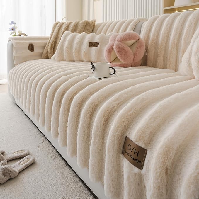 Fuzzy Rabbit Plush Sofa Cover Thick Soft Fur Sectional Couch Cover Furry Fluffy Cushion Cover Non-Slip Sofa Slipcovers Vertical Stripe Furniture Protector for Dogs Cats(Cream,28"x82")