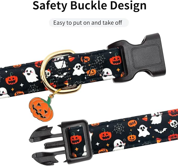 Fall Dog Collar,Soft and Cute Halloween Collars with Pumpkin Patterned Design for Girl Female Boy Dogs,Adjustable Buckle Puppy Collar for Small Medium Large Dogs (Black Pumpkin, L)