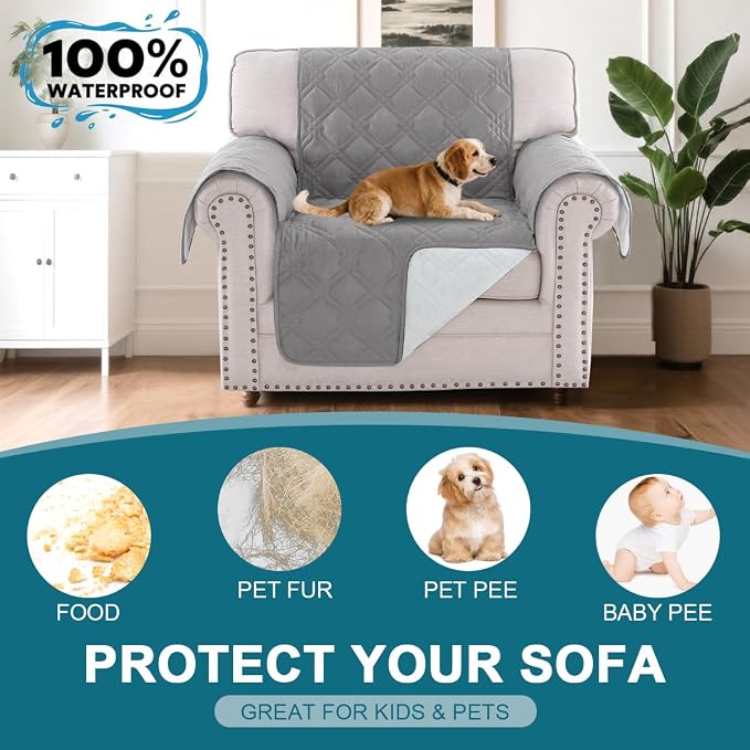 Turquoize 100% Waterproof Couch Cover Sofa Covers for 1 Cushion Couch Chair Covers Triple Non-Slip Washable Furniture Protector Cover for Pets, Kids, Dog (Chair 23", Light Gray)