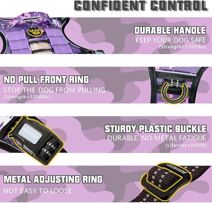 Auroth Tactical Dog Harness for Small Medium Large Dogs No Pull Adjustable Pet Harness Reflective K9 Working Training Easy Control Pet Vest Military Service Dog Harnesses (L, Purple Camo)