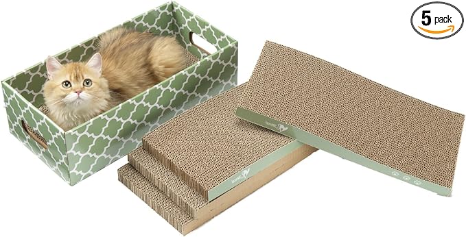 MECOOL Cat Scratching Board，5PC Cat Scratch Pad with Box，Reversible Corrugated Cat Scratcher Cardboard and Lounge Bed for Indoor Cats, Catnip