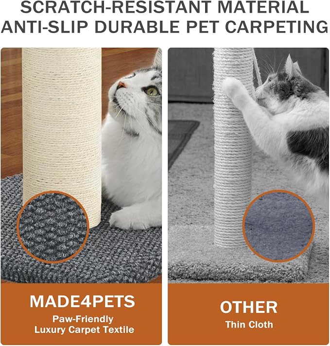 Made4Pets Tall Cat Scratching Post, Heavy Duty and Thicker Scratching Posts for Indoor Cats Adults, 33" Natural Sisal Cat Scratcher with Hanging Balls, Sturdy Base Cat Scratch Post, Dark Grey