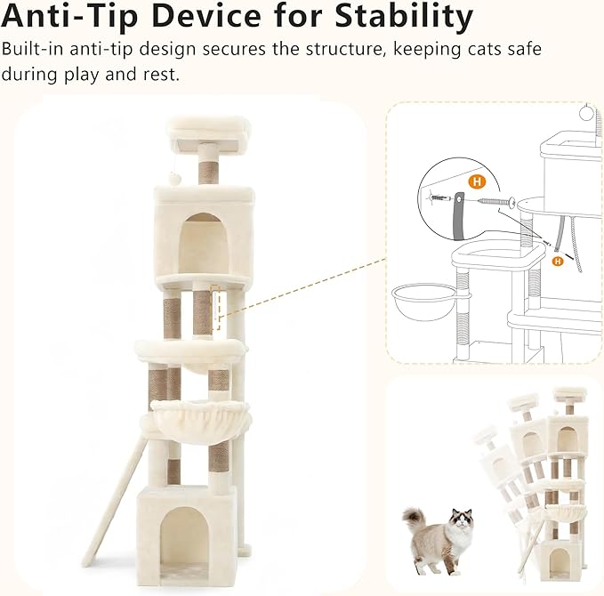 Heybly Cat Tree, 72.4-Inch Anti-Tip Cat Tower for Large Cats, All-in-One Cat Furniture with Spacious Perches, Multiple Interactive Areas, Extra-Large Sisal Scratching Board, Beige HCT060MJ