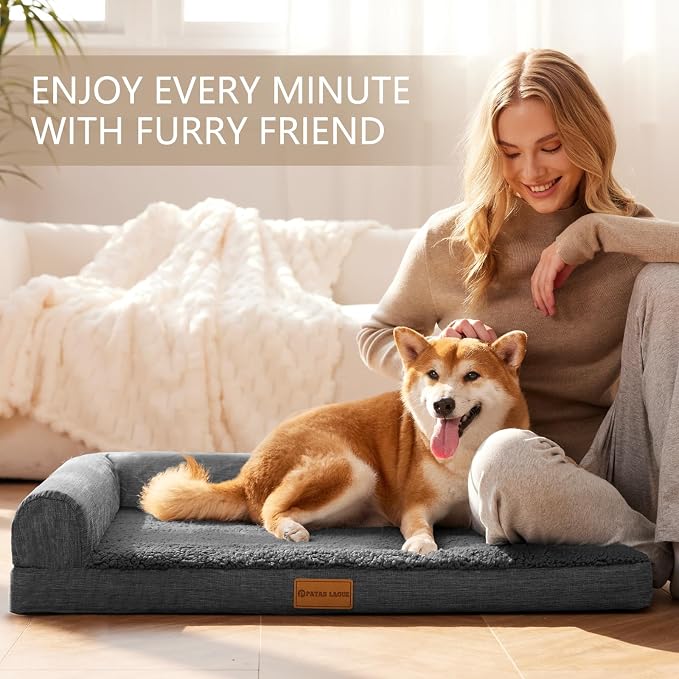 Patas Lague Orthopedic Dog Bed Medium Size Dog 30''X20'', Waterproof L Bolster Medium Pet Sofa Beds with Removable Washable Cover, Soft Pet Couch Crate Mat with Nonskid Bottom, Dark Grey