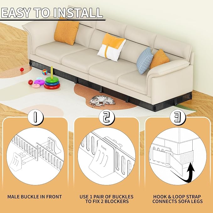 Under Couch Toy Blocker for Kids & Pets – No-Glue Sofa Gap Filler Secured to Sofa Legs, Under Couch Guards, Floor & Carpet Friendly, Quick Install & Removable, 1.6" Height, 12 Pack