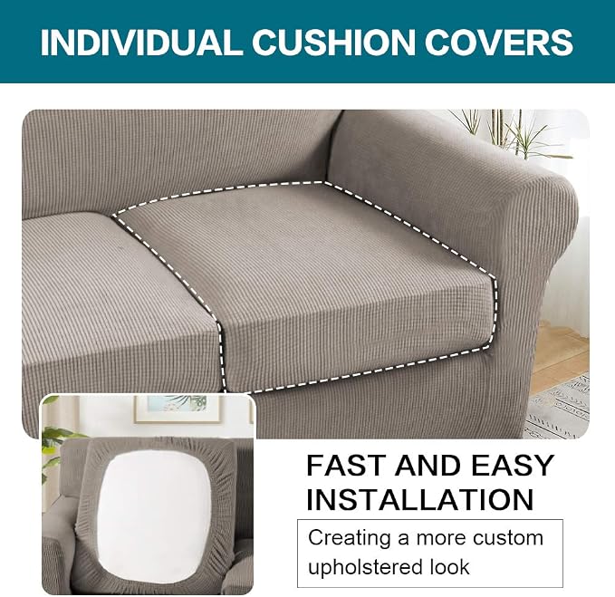 Turquoize 4 Piece Sofa Covers for 3 Cushion Couch Sofa Slipcover Soft Couch Cover for Dogs-Washable Sofa Furniture Covers with 3 Individual Large Cushion Covers, Feature Thick Fabric (XL Sofa, Taupe)