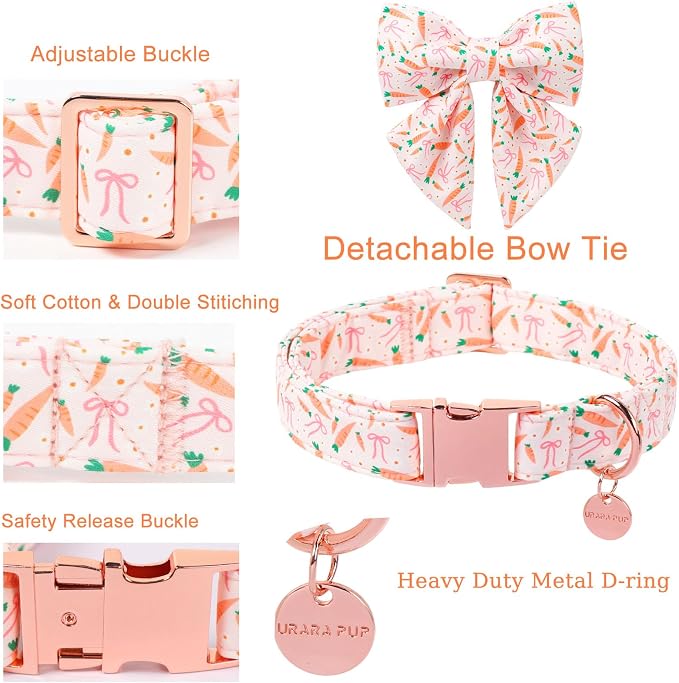 Easter Dog Collar with Bow Tie, Cotton Bunny Bowtie for Large Girl Boy Dog, Cute Rabbit Pet Collar with Metal Buckle, Gift, M