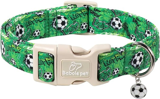 Soccer Dog Collar, Cute Boy Dog Collars for Medium Dogs - Green Sports Themed Cotton Male Dogs Collar, Soft Adjustable Daily Pet Collars with Quick Release Buckle M