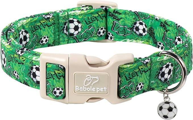 Soccer Dog Collar, Cute Boy Dog Collars for Large Dogs - Green Sports Themed Cotton Male Dogs Collar, Soft Adjustable Daily Pet Collars with Quick Release Buckle L