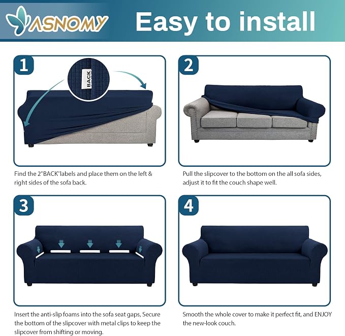 Asnomy Sofa Covers for 2 Cushion Couch Stretch loveseat Covers Slipcovers, Pet Protector Furniture Covers for Dogs Cats Spandex Jacquard Fabric Small Checks （Medium， Navy Blue）
