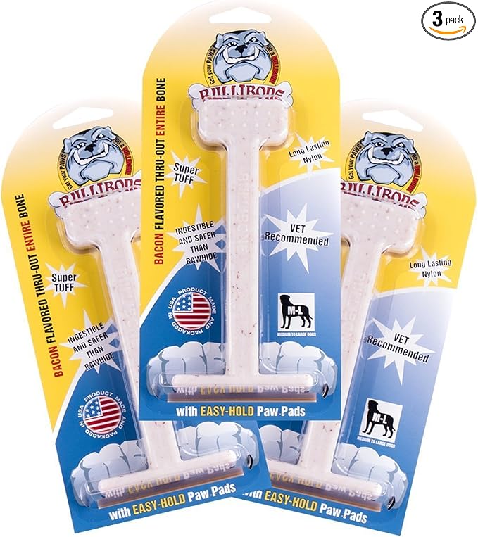 Bullibone Nylon Dog Chew Toy for Aggressive Chewers - Dental Hygiene Bone with Bacon Flavor, Durable Tough Chew Toys for Large Dogs, Indestructible Dog Bone - 3 Pack