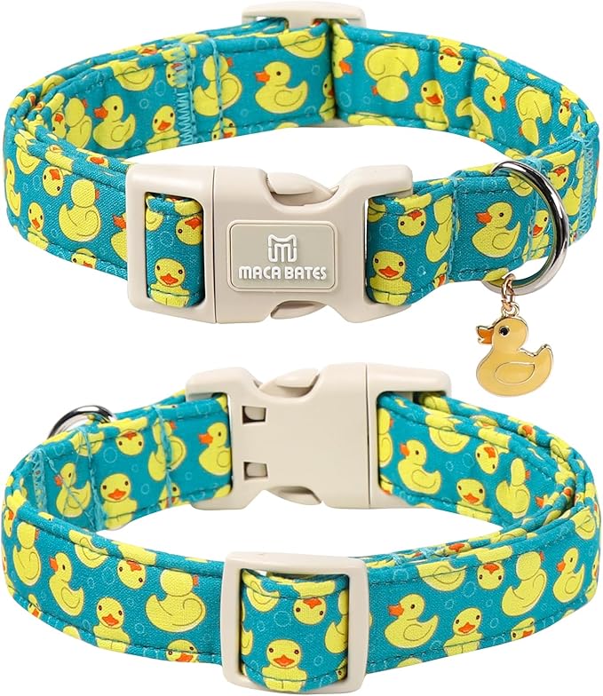 Maca Bates Cute Dog Collar with Rubber Duck Charm for Small Girl Boy Dogs, Green Yellow Ducks Pattern,Adjustable Durable Soft Collars for Male Female Puppy