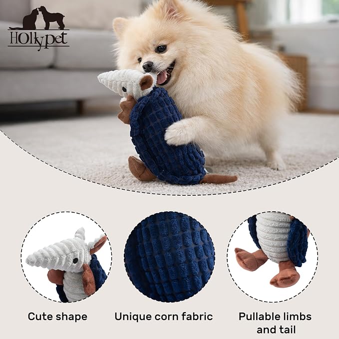 Hollypet Plush Dog Squeaky Toy Stuffed Armadillo Animal Pet Puppy Chew Toys with Clean Teeth for Small Medium Large All Breed Sizes Dogs, Ultramarine, 8 in