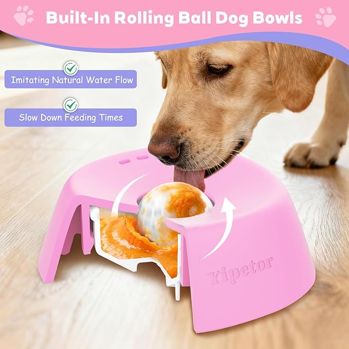 Yipetor Slow Feeder Dog Bowls for Liquid Treat, 【Enrichment Ball-Roll】 Bone Broth Dog Lick Bowl, 3/4 Cup Yogurt Pup Lick Toy for Large Medium Small Breeds Dietary Supplement/Post-op Nutrition (Pink)