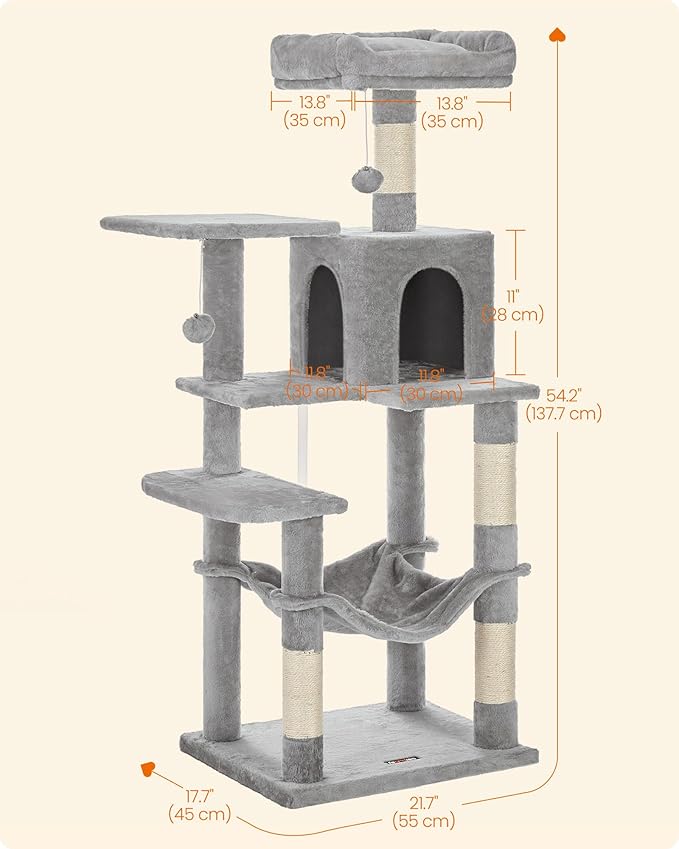 Feandrea Cat Tree, 54.2-Inch Cat Tower, Plush Multi-Level Condo with 4 Scratching Posts, 2 Perches, Hammock, Cave, Light Gray UPCT161W01