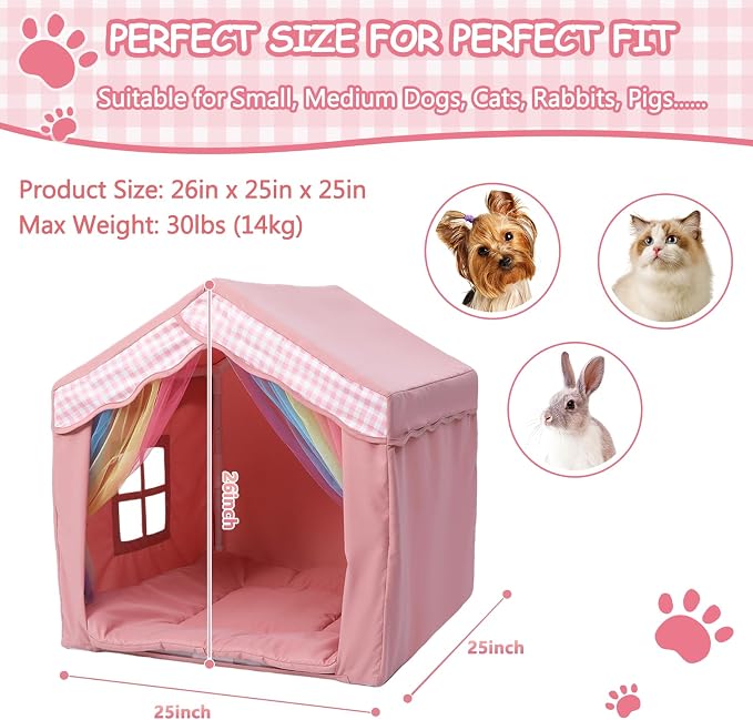Cute Indoor Dog House for Small Dogs, LitaiL Princess Dog House Indoor Outdoor, Pink DogTent Bed, Small Dog Tent with Soft Cushion for Small Medium Pets