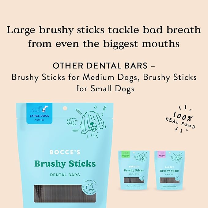 Bocce's Bakery Dailies Brushy Sticks to Support Oral Health & Fresh Breath, Wheat-Free Dental Bars for Dogs, Made with Real Ingredients, Baked in the USA, Natural Coconut & Mint Recipe, Large Dogs