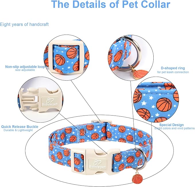 Basketball Dog Collar, Cute Boy Dog Collars for Large Dogs - Blue Sports Themed Cotton Male Dogs Collar, Soft Adjustable Daily Pet Collars with Quick Release Buckle L