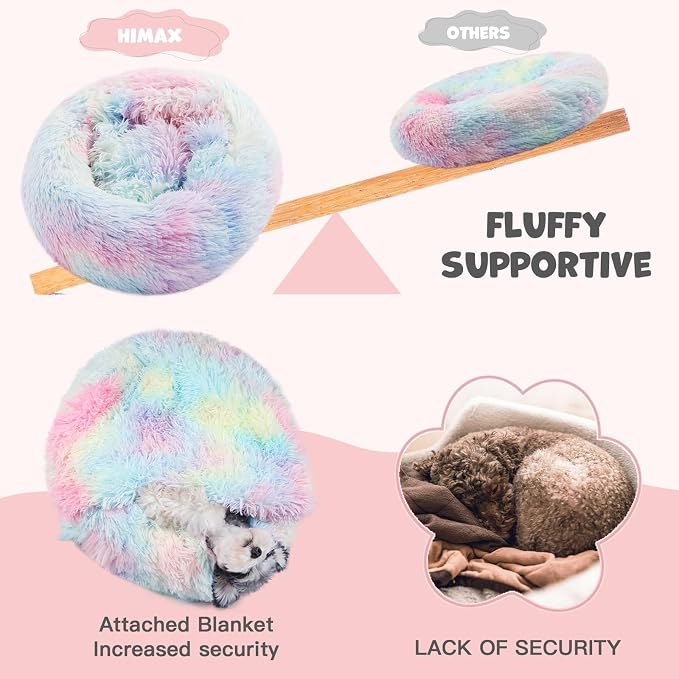 Himax Small Dog Bed, Fluffy Dog Bed with Blanket Attached, Cat Bed Washable, Multi-Colored (20"/26"/35")