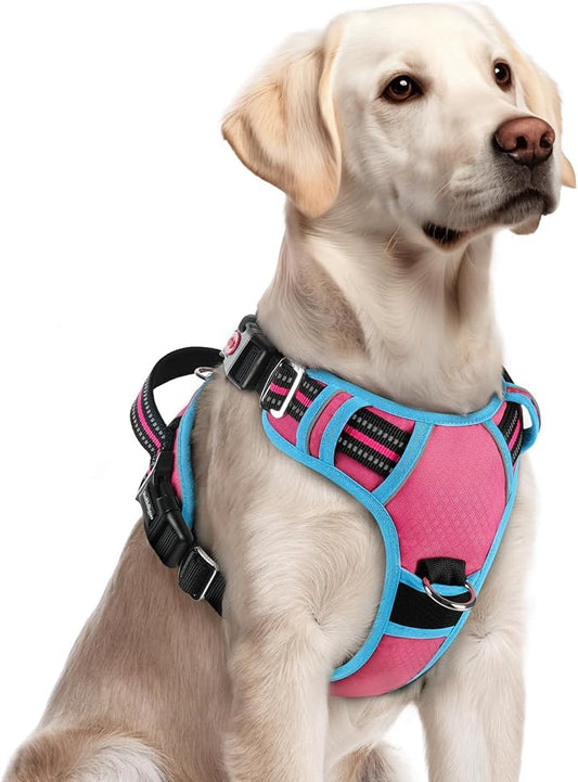 rabbitgoo Dog Harness for Large Dogs, 3 Buckles Easy On & Off No Pull Pet Vest, Soft Padded Walking Pet Harness with Control Handle, Adjustable and Reflective, Rose Pink & Blue, L