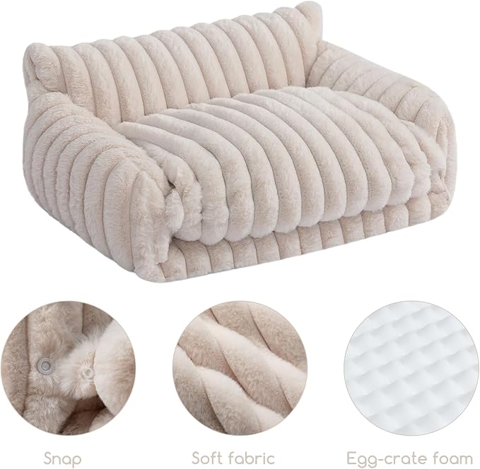 Hollypet Cat Bed Fluffy Plush Multifunctional Double-Layer Machine Washable Soft Warming Kitty Pet Couch Orthopedic Nest Beds for Small Cats Kitten and Dogs up to 13lbs, Cream(21x15x8 inch)
