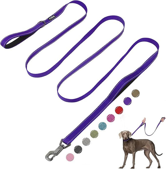 Fida 10ft Heavy Duty Dog Leash with 2 Comfortable Padded Handles, Traffic Handle & Advanced Easy Snap Hook, Reflective Walking Lead for Large, Medium & Small Breed Dogs, Purple
