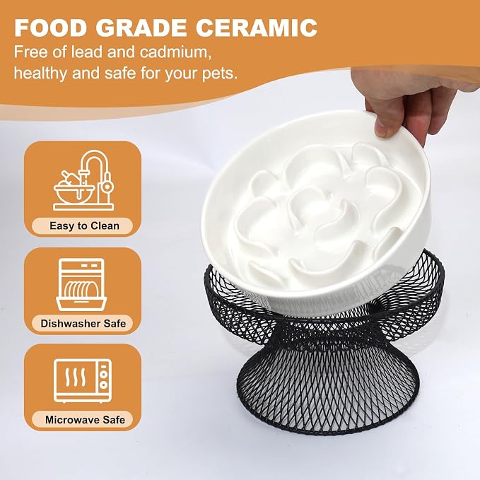 Raised Ceramic Cat Slow Feeder Bowl Elevated Food Bowl with Stand, Cat Slow Bowl for Wet Food and Dry Food, Whisker Friendly Pet Feeder for Kitty and Small Dog