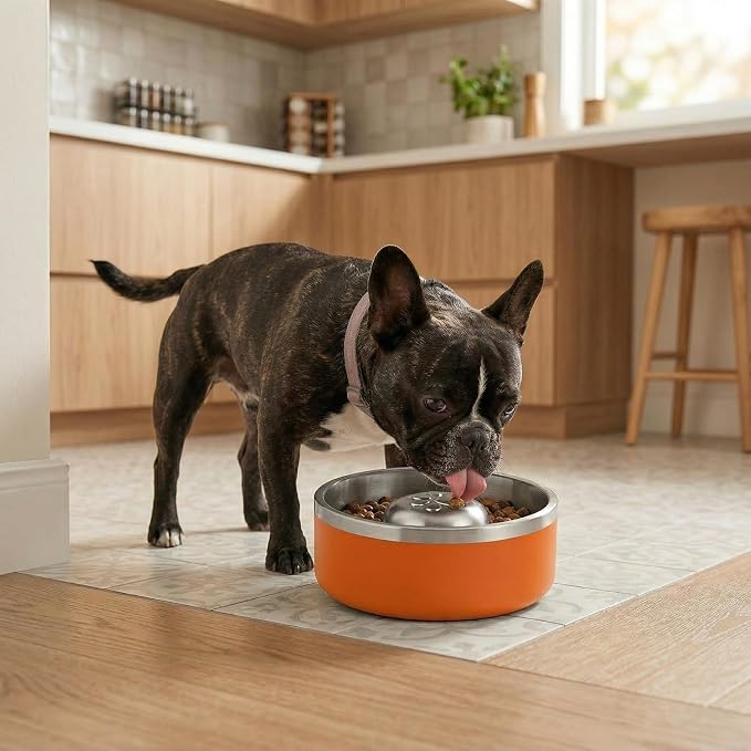 Stainless Steel Slow Feeder Dog Bowl, Heavy Duty Thickened Metal Dog Bowl, Non-Slip Base, Dishwasher Safe, Anti Gulping Feeding Bowl for Small to Medium Dogs & Cats, 56 oz, (Orange)